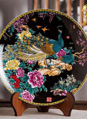 景德镇陶瓷器摆件家居装饰品挂盘工艺品客厅酒柜黑富贵图装饰盘