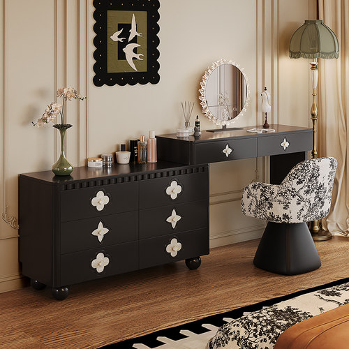 中古风梳妆台斗柜一体卧室化妆桌法式轻奢高级感小户型伸缩化妆台