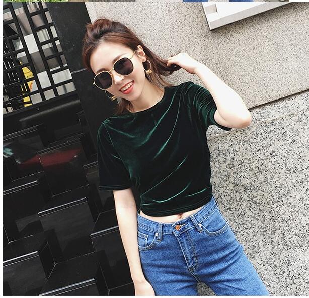 新款时尚短款金丝绒T恤女纯色短袖圆领修身上衣