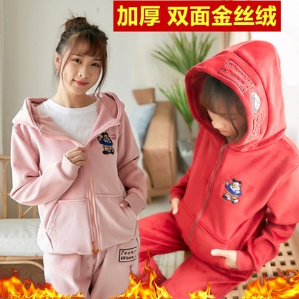新款秋冬装加厚加绒卫衣套装女双面金丝绒卡通刺绣休闲运动两件套