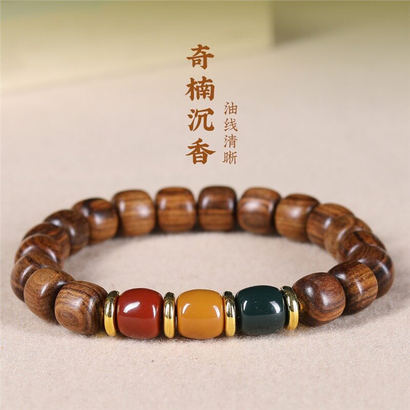檀香木老型奇楠珠木质手串花梨木三色珠子红绿灯文玩男女桶珠手链