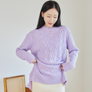 东润莲 秋冬宽松内搭女半高领全棉线衣 加厚保暖纯棉毛衣中长外套