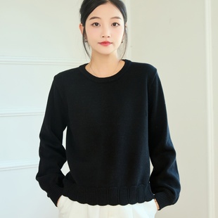 简约版 东润莲原创 纯棉毛衣 秋冬棉线衣女圆领套头长袖 全棉针织衫