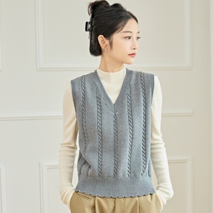全棉线针织马甲 V领套头短款 东润莲原创 灰色纯棉毛衣背心秋冬女式