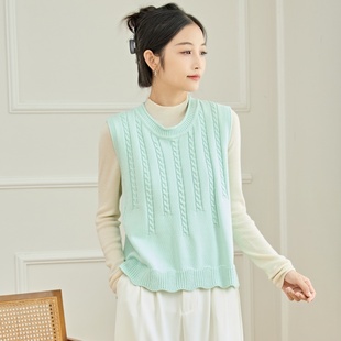 东润莲原创纯棉毛衣背心春秋女式 圆领套头全棉线针织马甲外穿内搭