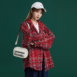 204-JK49-P75中性蓝墙韩版潮流女粗格纹小香风衬衫宽松薄款外套，女装短外套，星座204