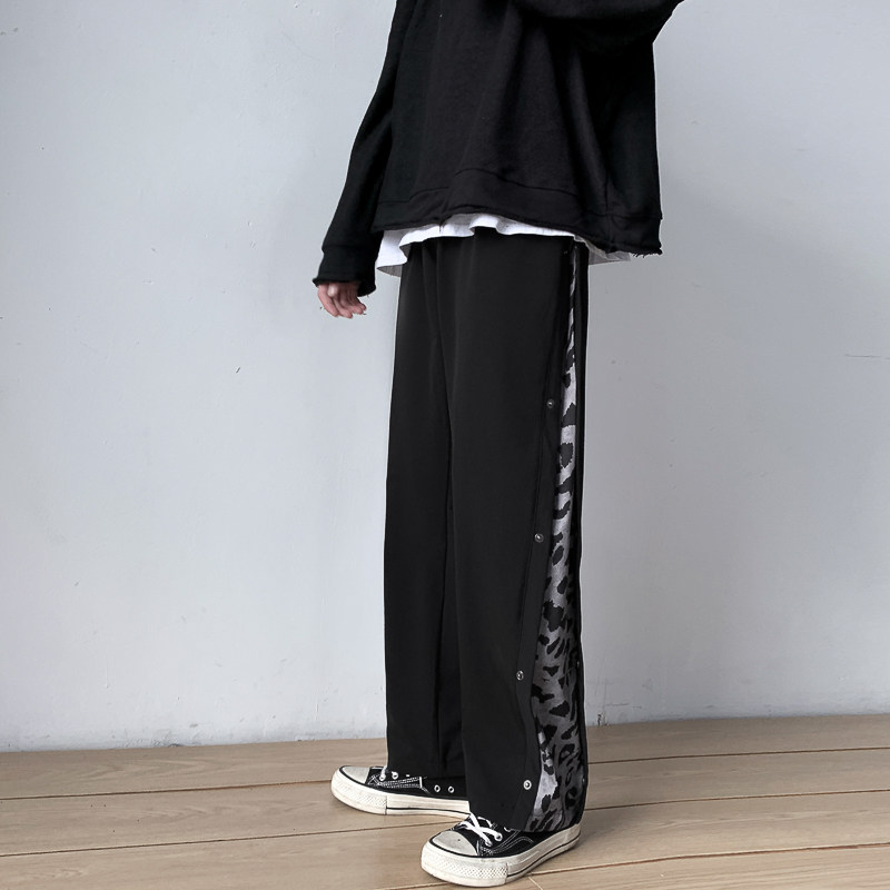 204-K24-P45纽扣豹纹拼接长裤高街复古宽松直筒休闲排扣裤，男装休闲裤，星座204