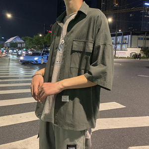 204-CS05  有视频 日系oversize 宽松纯色衬衫潮男韩版五分袖图片