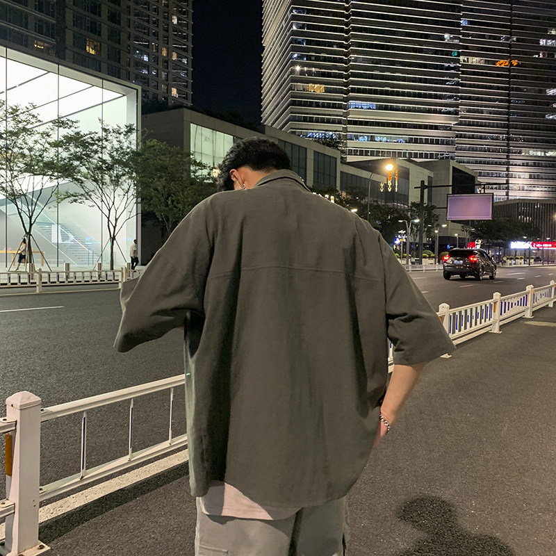 204-CS05有视频日系oversize宽松纯色衬衫潮男韩版五分袖,男装衬衫,星座204