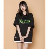 204-T62-P30中性蓝墙美式毛巾刺绣短袖T恤女生ins圆领假两件半袖，女装T恤，星座204