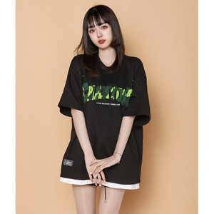204-T62-P30 中性蓝墙美式毛巾刺绣短袖T恤女生ins圆领假两件半袖图片