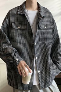 204-JK71-P75新款小香风千鸟格编织外套夹克男宽松休闲情侣衬衫潮图片
