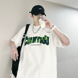 204-T62-P30 美式复古毛巾刺绣短袖T恤男式ins情侣圆领假两件半袖图片