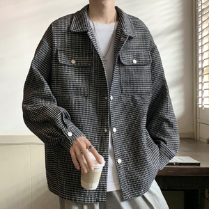 204-JK71-P75新款小香风千鸟格编织外套夹克男宽松休闲情侣衬衫潮图片