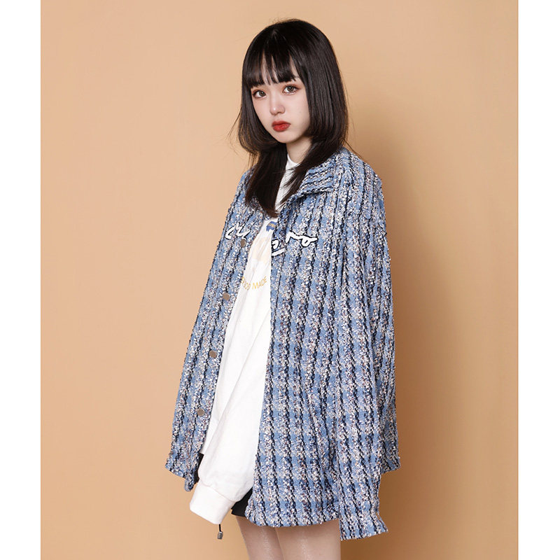 204-JK70-P75中性蓝墙小香风格子宽松夹克长袖外套女翻领春秋新品,男装夹克,星座204