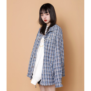 204-JK70-P75中性蓝墙小香风格子宽松夹克长袖外套女翻领春秋新品