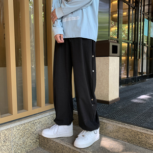 204-K42-P45港风字母纽扣工装裤宽松潮男潮直筒运动休闲裤ins,黑色腰带衣服搭配图片图片