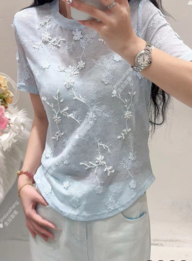 2025夏装新款蕾丝花朵刺绣钉珠气质立体提花短袖T恤女修身上衣潮