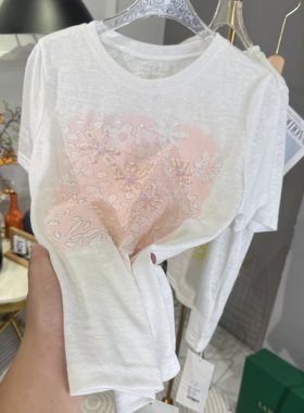 2026夏季新款时尚百搭圆领花朵烫钻钉珠花朵T恤女宽松显瘦薄上衣