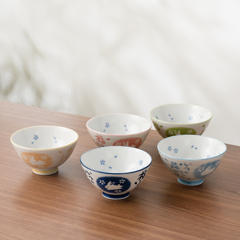 美浓烧日本进口陶瓷餐具5英寸伴月兔五碗礼盒套装