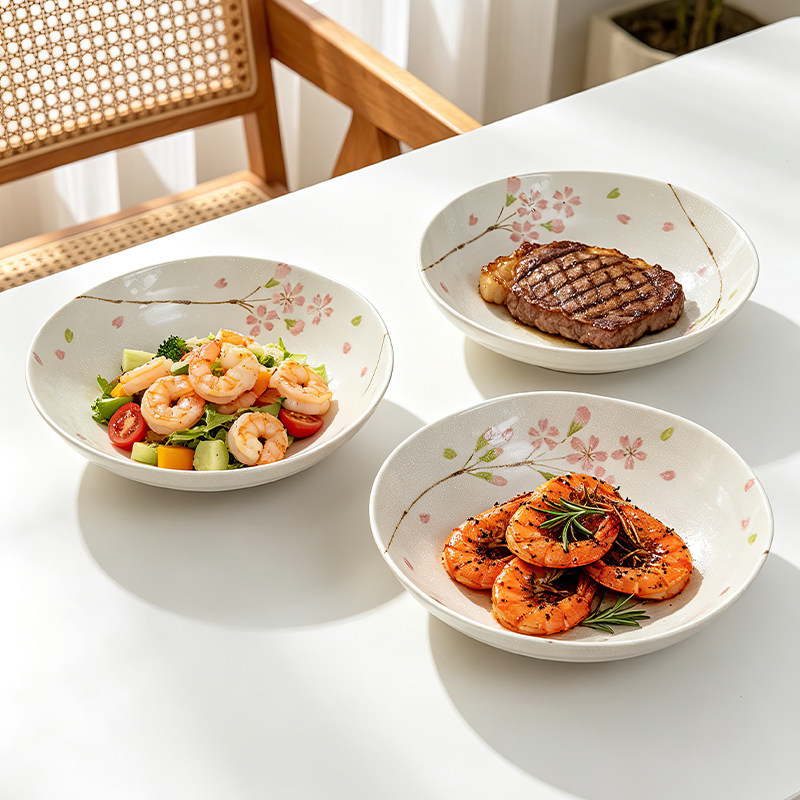 美浓烧日本进口陶瓷餐具青晕樱花树8.0英寸盘3件套釉下彩深盘