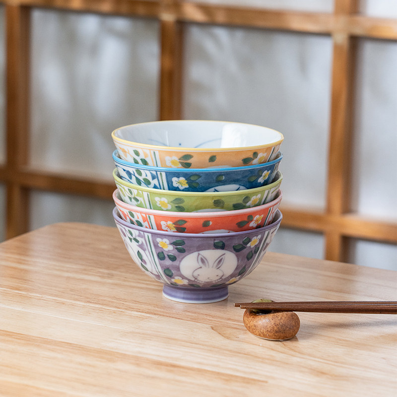 美浓烧日式兔子饭碗套装釉下彩餐具家用和风兔子高脚碗餐具礼盒