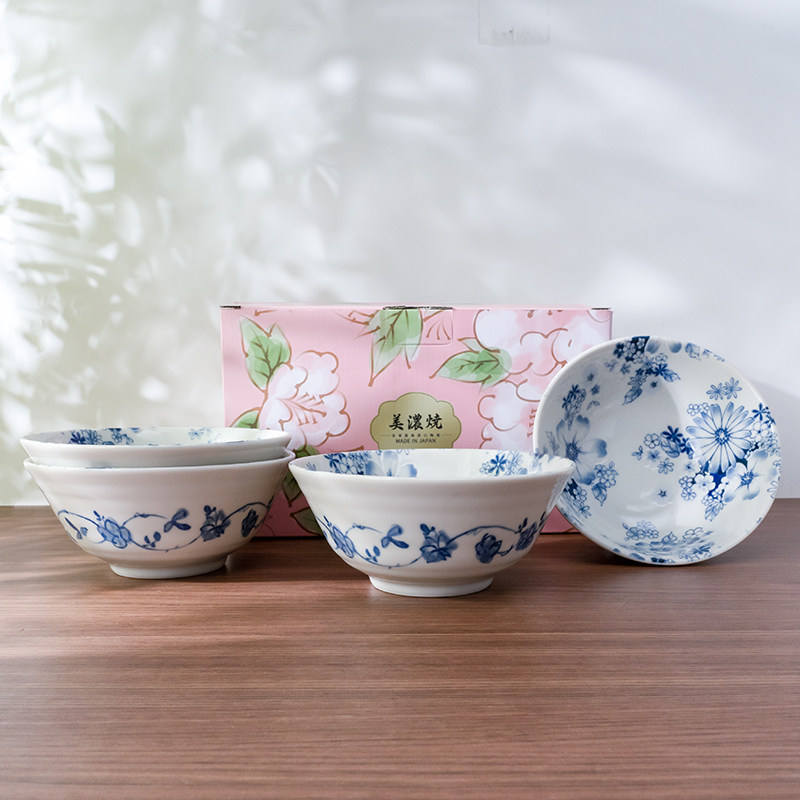 美浓烧日本进口陶瓷餐具釉下彩花集5.9英寸大碗4件套礼盒装