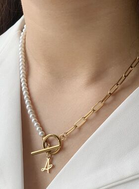 时尚百搭回形针珍珠项链女式金色字母锁骨链饰品