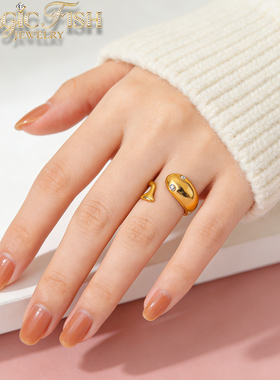 百搭ins风钛钢水钻鱼形开口戒指