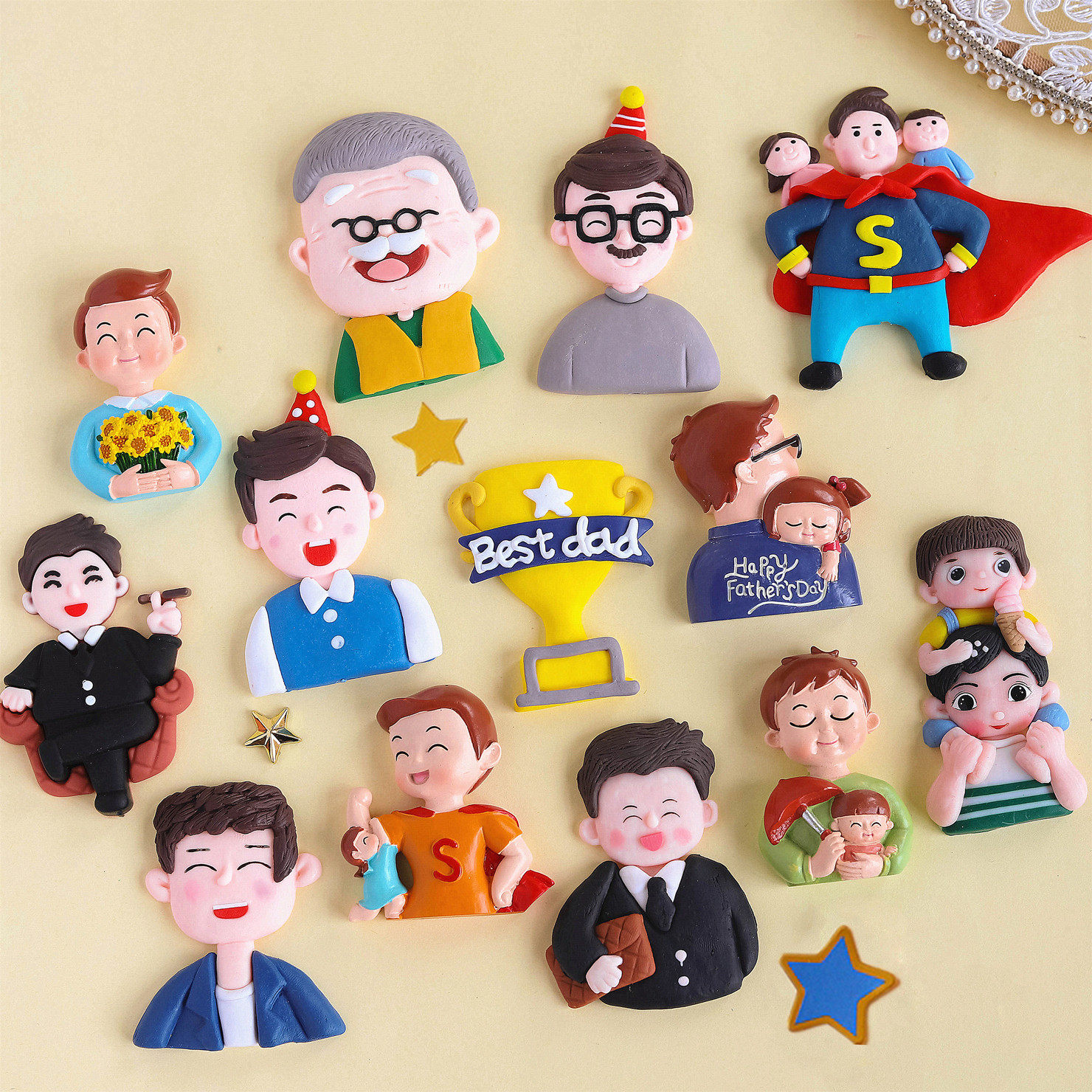 父亲节蛋糕装饰插件软陶爸爸男神男士奖杯摆件一家之主人偶插牌