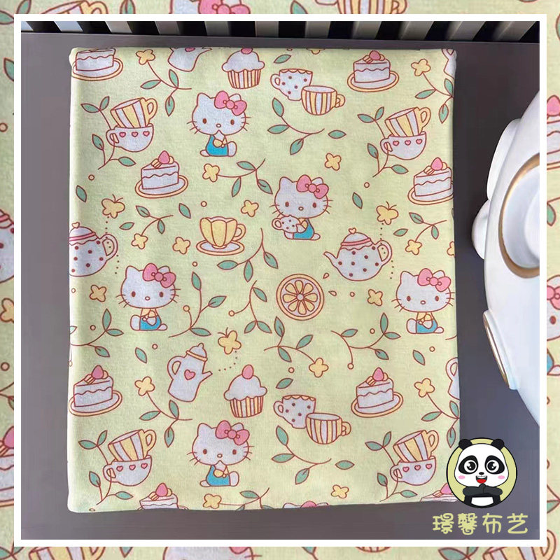 弹力1*1汗布嫩黄色猫咪可爱卡通图案舒适透气儿童DIY服装T恤面料