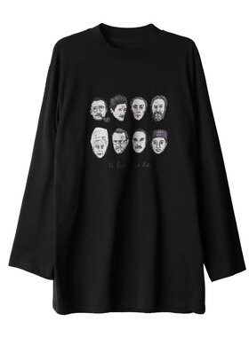 THEMO 2024秋冬新款人物印花设计休闲宽松水洗长袖黑色T恤上衣 女
