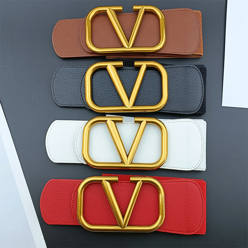平滑扣V字扣女士牛皮腰封复古松紧腰带装饰皮带多色皮带7.0cm超宽
