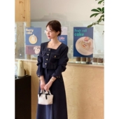 Place&Apmluxe方领牛仔套装 明线短款 上衣 韩APM 高腰大摆裙套装