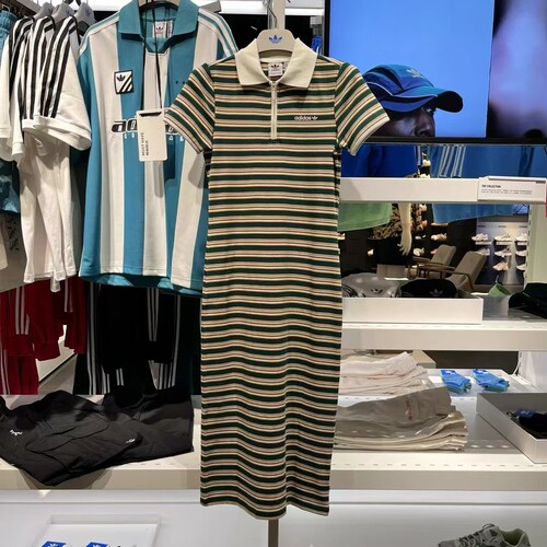 正品阿迪达斯adidas 女子条纹短袖长款连衣裙JC6178女夏休闲上衣