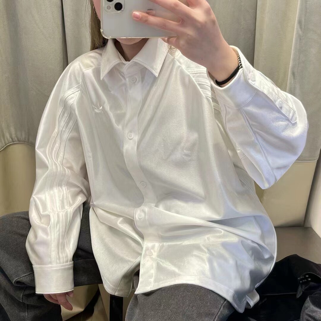 阿迪达斯白色休闲长袖运动衬衣