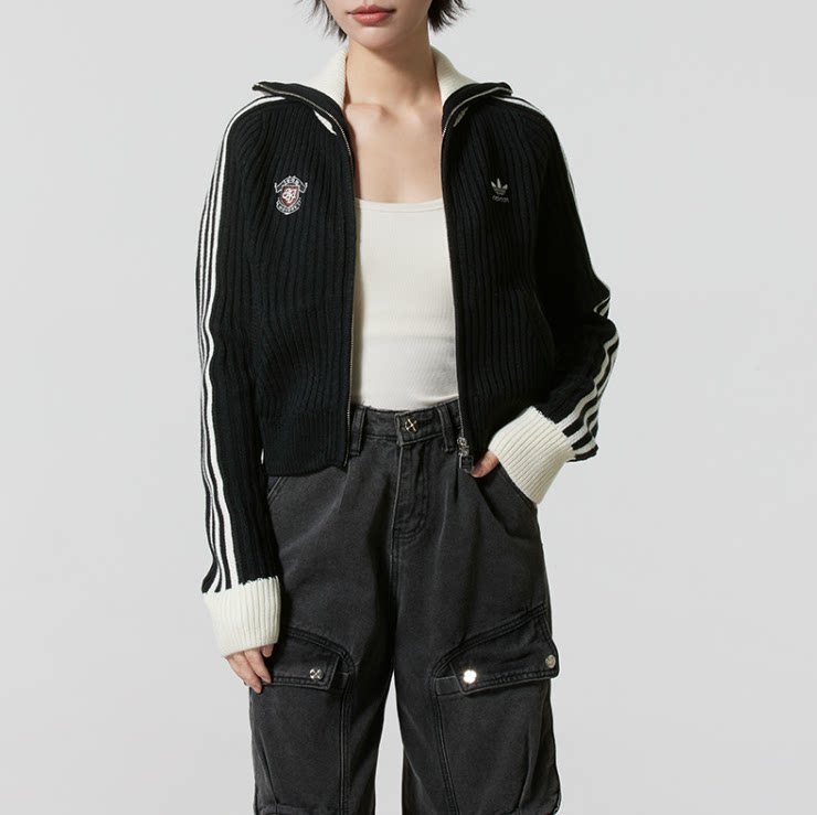 正品adidas阿迪达斯女子翻领长袖开衫编织衫夹克外套毛衣KF0718