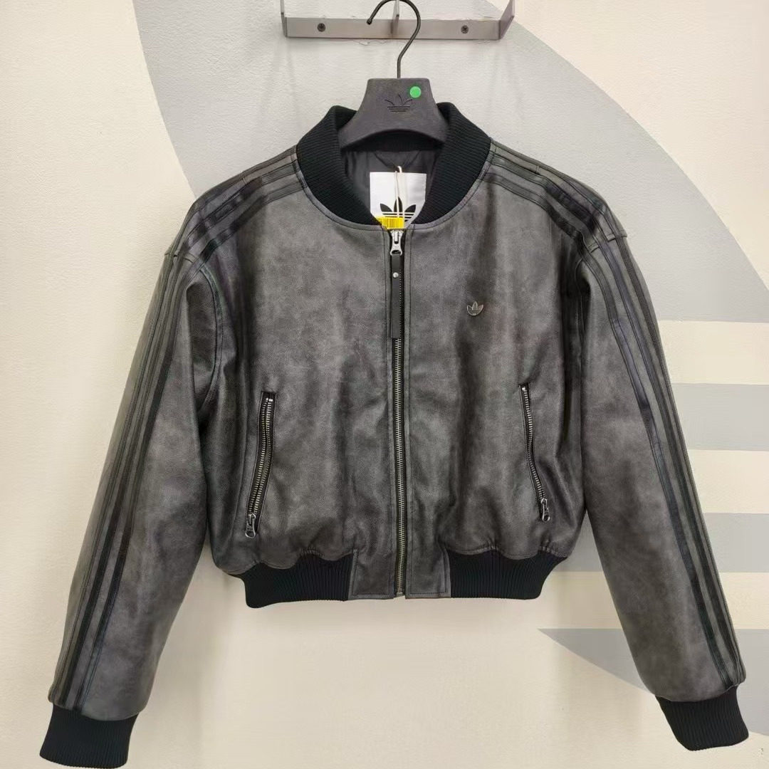 正品adidas阿迪达斯女子休闲运动长袖皮革夹克外套KC2656