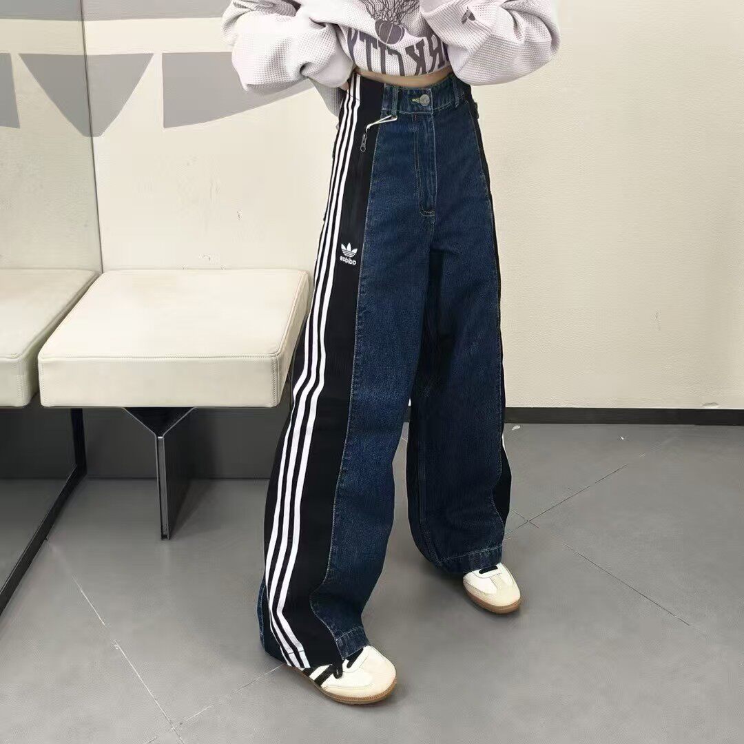 阿迪达斯adidas男子拼接撞色条纹宽松透气舒适运动牛仔长裤KC2636