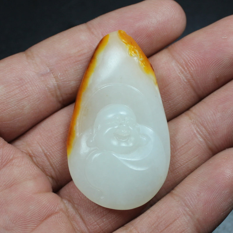 玉结缘新疆和田玉籽料枣红皮侯晓峰同款弥勒佛笑佛 玉雕挂件白玉