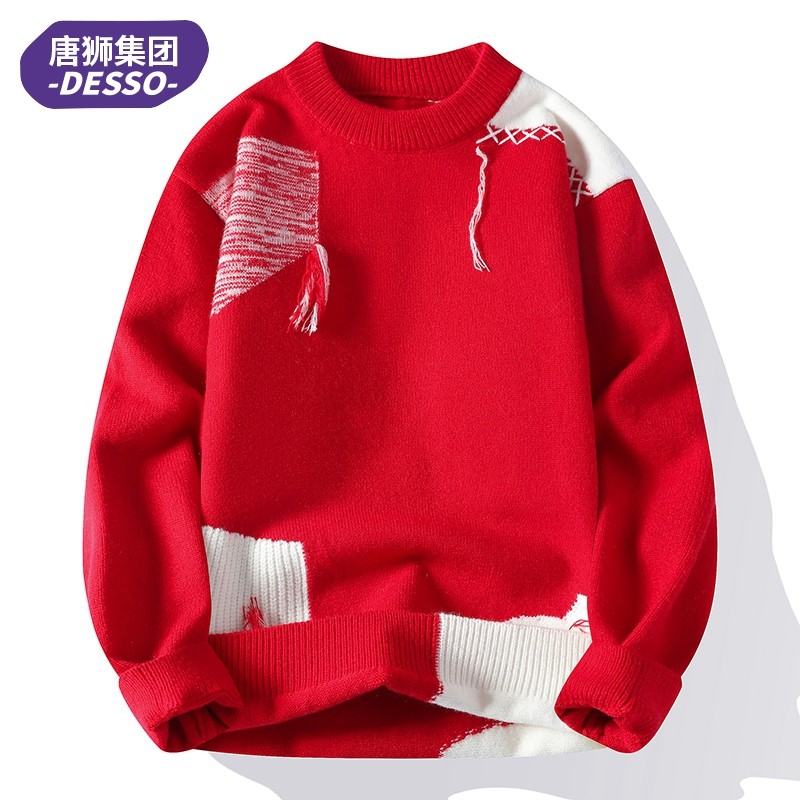 唐狮集团DESSO红色毛衣男士秋冬季加厚线衣服拼色补丁针织打底衫