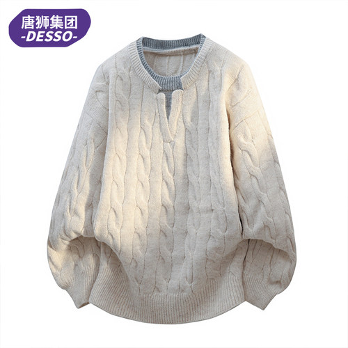 唐狮集团DESSO老钱风麻花毛衣男款秋冬季假两件针织衫V领内搭上衣