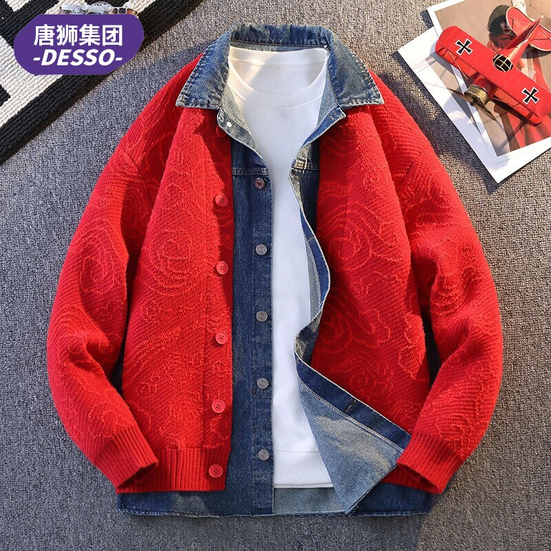 唐狮集团DESSO秋冬牛仔拼接衬衫领假两件大红色针织开衫外套毛衣