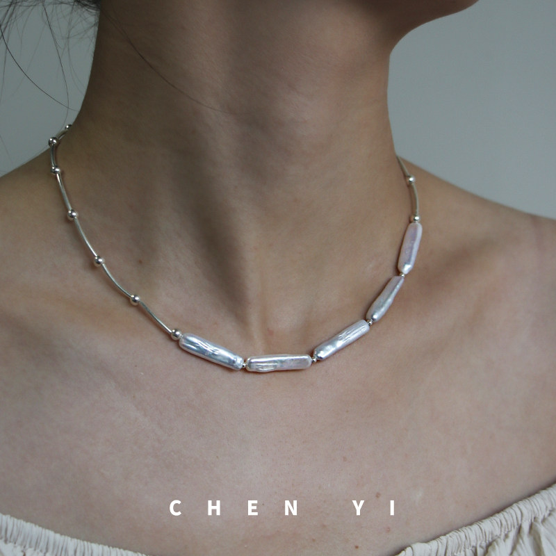 巴洛克珍珠银条s925银锁骨链女