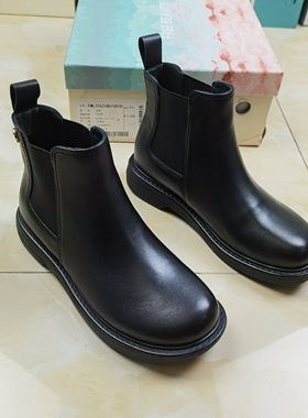 商场同款冬季新款切尔西靴女鞋百搭黑色圆头牛皮短靴女靴子22621