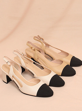 正品夏季小香风羊皮真皮包头凉鞋女法式粗跟后空单鞋高跟鞋 22327