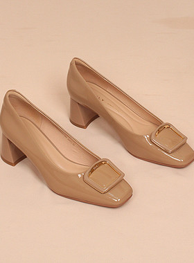 品牌正品真皮单鞋女鞋新款方头粗跟中跟套脚浅口工作鞋女鞋 35562