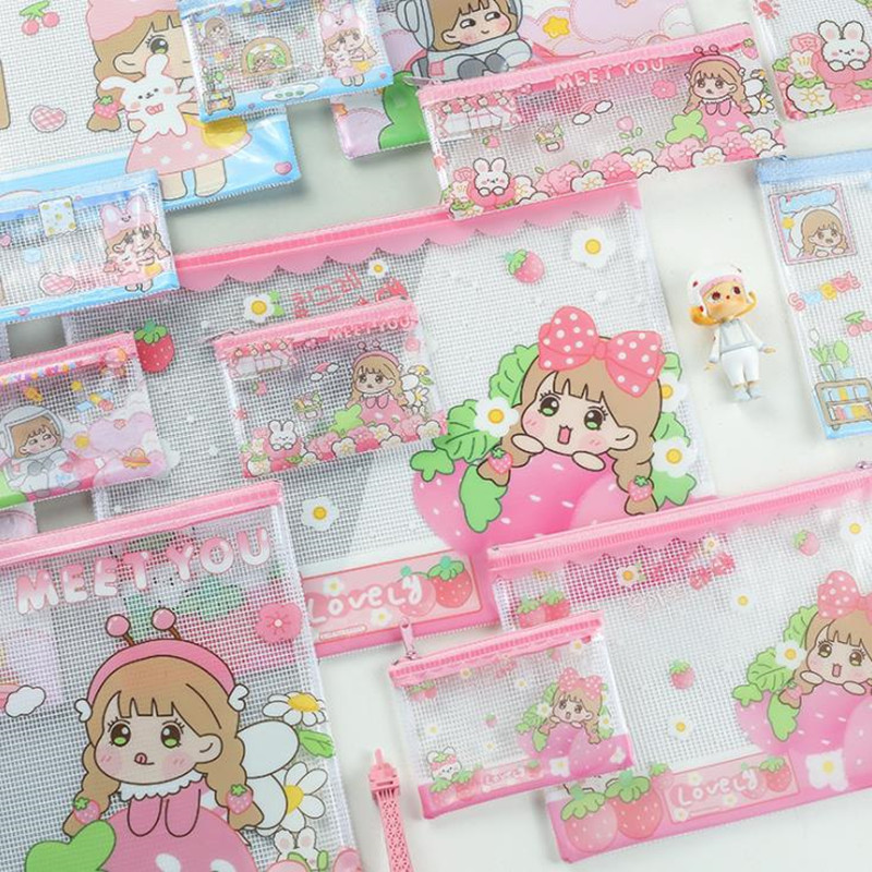 卡通少女心文具袋网格透明笔袋