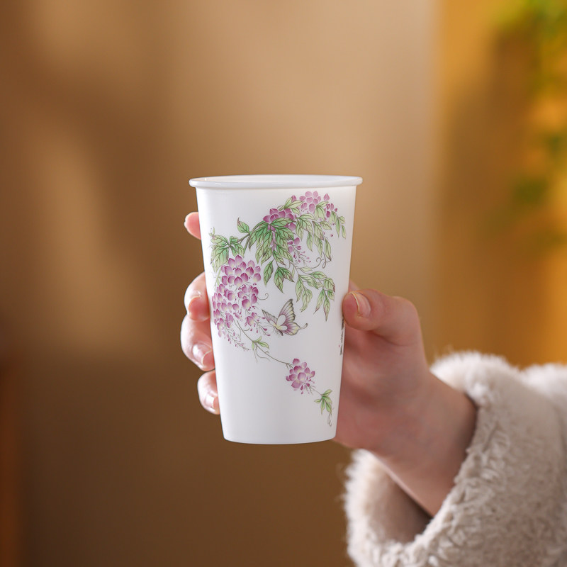 羊脂玉瓷紫藤花咖啡杯