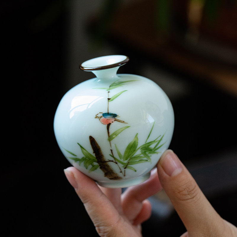 景德镇手绘竹叶小鸟手工陶瓷花瓶居家中式摆件干花花器摆书桌